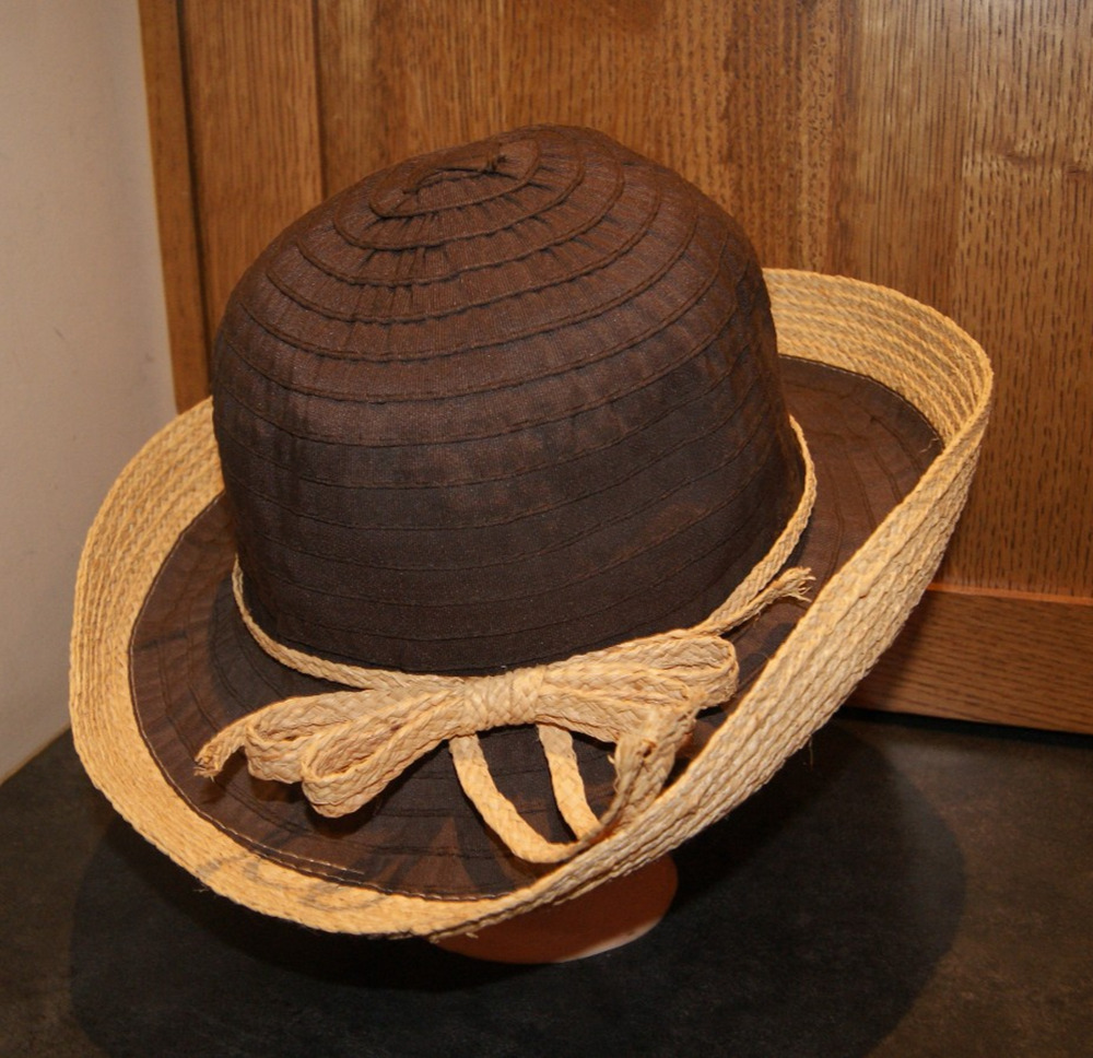 Scala Collezione Women Brown Sun Hat Wide Straw Bow Brim Bucket Cap OSFA